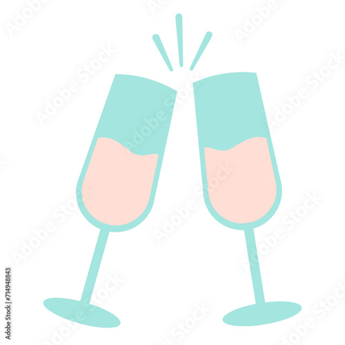 Champagne Wineglasses flat style. Cheers, clink of glasses, toast. Retro Cartoon Illustration. Perfect For Poster, Card, Invitation, Tshirt Print, Playroom Wall Hanging Or Valentines Day Greeting Card