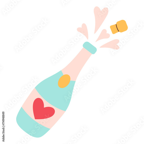 Champagne open bottle, popping plug, flat style. Retro. Cartoon Vector Illustration. Perfect For Poster, Card, Invitation, Tshirt Print, Playroom Wall Hanging Or Valentines Day Greeting Card.