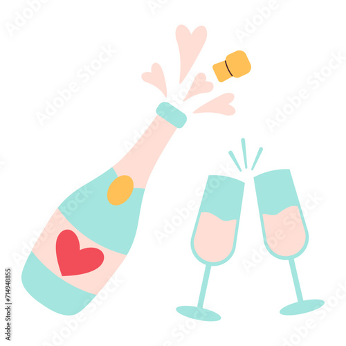 Champagne Bottle and Wineglasses flat style. Retro. Cartoon Vector Illustration. Perfect For Poster, Card, Invitation, Tshirt Print, Playroom Wall Hanging Or Valentines Day Greeting Card.