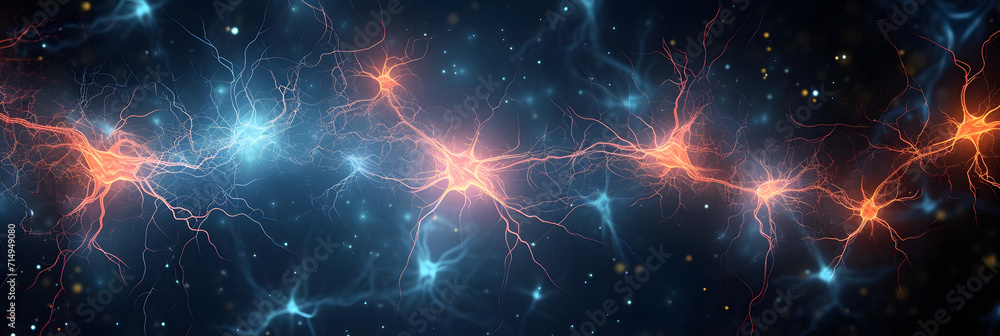 Abstract glowing neuron cells, concept of information transmitting in the brain