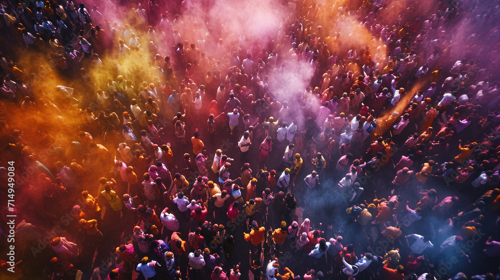 An overhead shot of a Holi festival in full swing, with crowds of people dancing, throwing colors, and celebrating amidst a sea of colorful powders. The aerial perspective captures An overhead shot of a Holi festival in full swing, with crowds of people dancing, throwing colors, and celebrating amidst a sea of colorful powders. The aerial perspective captures