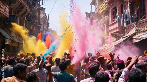 Amidst the hustle and bustle of a crowded street, participants in Holi festivities joyously fling bright gulal powder into the air, creating a cloud of colors that engulfs the cele photo