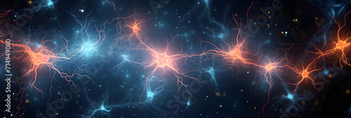 Abstract glowing neuron cells, concept of information transmitting in the brain
