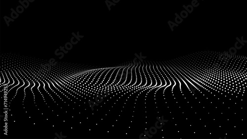 Futuristic wave of white smoothly moving dots on a black background. Vector EPS10.
