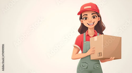 vector illustration of Delivery courier service. Delivery girl in red cap and uniform holding a cardboard box on isolated background. Smiling girl postal delivery girl delivering a package. Labor Day,