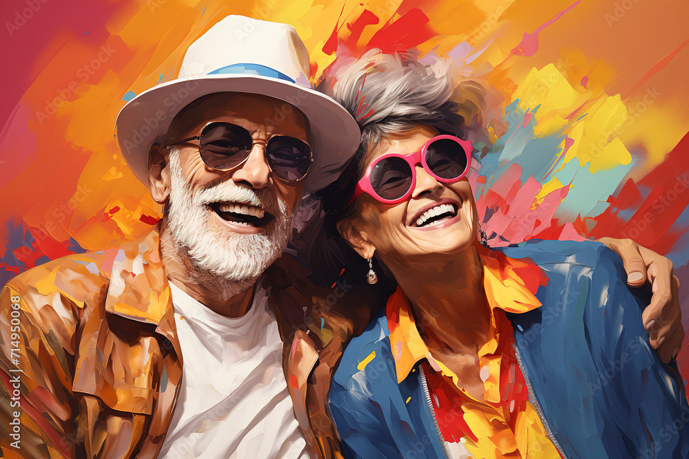Happy stylish mature couple in love embracing. Portrait of an elderly couple together. Cheerful senior couple. Elderly couple relaxing at the party. Happy tourist mature couple.