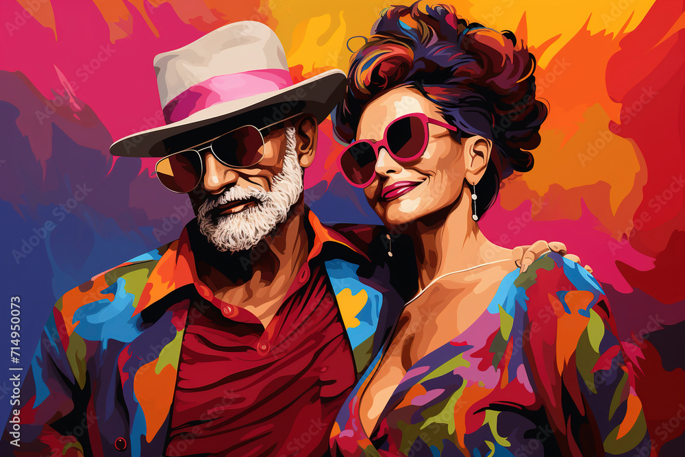 Happy stylish mature couple in love embracing. Portrait of an elderly couple together. Cheerful senior couple. Elderly couple relaxing at the party. Happy tourist mature couple.