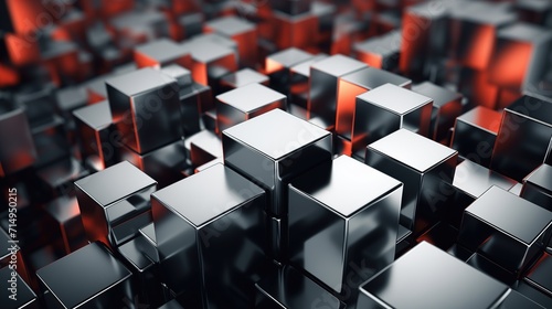 Aluminum cubes and red light, abstract background, modern, lux, minimal, shine