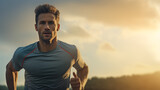 Jeune homme en tenue de sport faisant un jogging, avec un coucher de soleil en arrière-plan. Courir, sport, sportif, footing. Pour conception et création graphique
