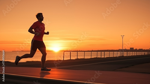 Jeune homme en tenue de sport faisant un jogging, avec un coucher de soleil en arrière-plan. Courir, sport, sportif, footing. Pour conception et création graphique