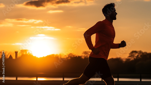 Jeune homme en tenue de sport faisant un jogging  avec un coucher de soleil en arri  re-plan. Courir  sport  sportif  footing. Pour conception et cr  ation graphique