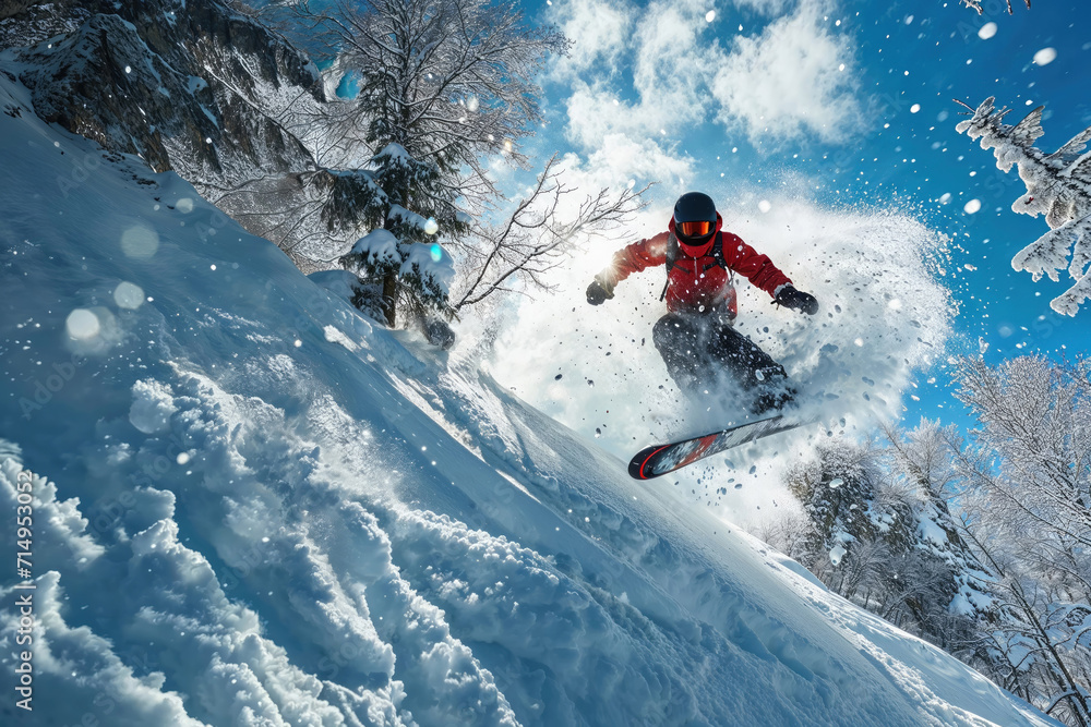 A snowboarder performs an aerial maneuver in a snow-covered environment. Snow-covered pine trees, a clear blue sky, and snowflakes add to the vibrant winter scene. A snowboarder performs an aerial maneuver in a snow-covered environment. Snow-covered pine trees, a clear blue sky, and snowflakes add to the vibrant winter scene.