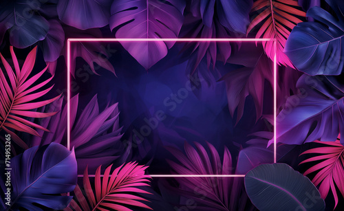 Colorful tropical leaves with neon frame on dark background