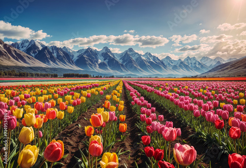 Field with tulips against a backdrop of snow-capped mountains