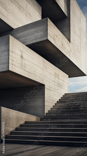Arquitectura brutalista, minimalista, de hormigón visto con formas geométricas monocromáticas 