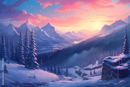 A snowy mountain landscape at sunrise, where the sky transitions from cool blues to warm pinks, casting a soft glow on the snow.