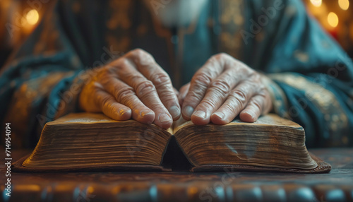 Hands lying of an elderly man on large historical bible praying on bible hope faith christianity photo