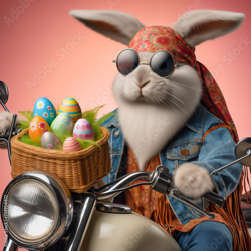 A whimsical image capturing the Easter Bunny, adorned in a denim jacket and a colorful bandana, riding a classic motorcycle. A basket filled with vibrantly decorated Easter eggs is secured. photo