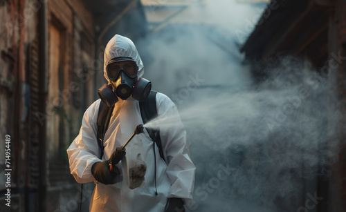 Control service in a mask and a white protective suit sprays gas. © Curioso.Photography