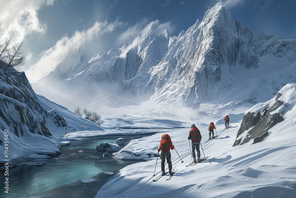 A group of climbers climbs to the top of a snow-covered mountain. The concept of a journey