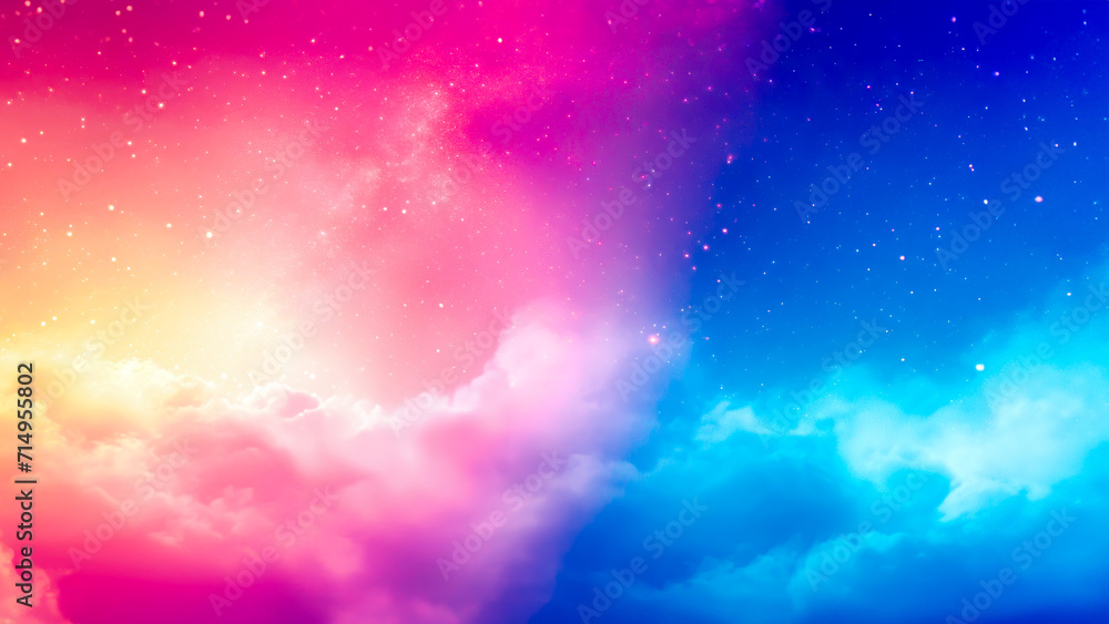 Beautiful futuristic space background of fusion of bright pink and deep blue colors forms ethereal nebula in sky, with sprinkle of stars, evoking sense of cosmic wonder and infinite beauty of universe