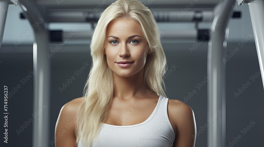 Confident Fitness Enthusiast at Gym,  fit, blonde woman radiates confidence and health as she poses in a gym environment, showcasing an active lifestyle.