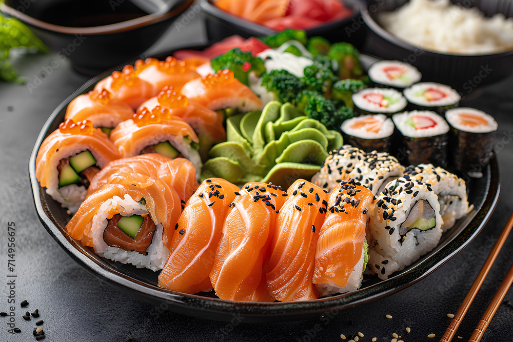 Japanese Food on gray background.
Japanese Food on gray background.