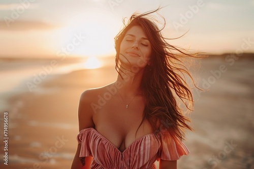 A beautiful woman with long hair and a pink dress, enjoying the sunset on the beach Generative AI