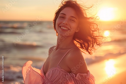 A beautiful woman with long hair and a pink dress, smiling at the camera on a beach during sunset Generative AI