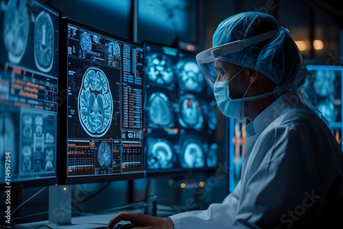 Experience medical innovation with our stock photo a doctor analyzing brain test results and human anatomy on a futuristic virtual computer interface. A cutting edge concept in science and medicine.
