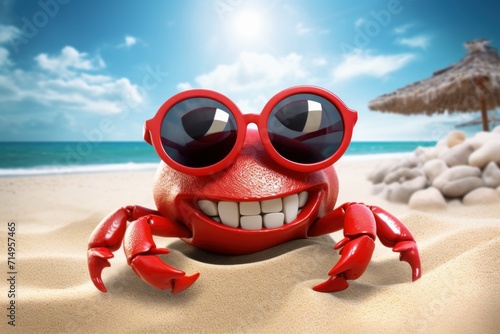 A red cartoon crab wearing sunglasses on a sandy beach.  photo