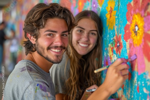 a couple painting a mural together  expressing their love through vibrant colors and romantic imagery.