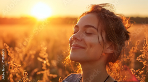 beautiful woman enjoying nature. girl in a straw hat in a field of sunset. © Vahagn