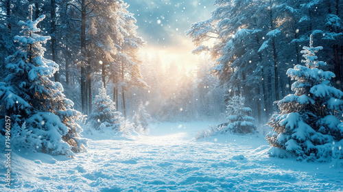 Winter-Themed Season Background. Snowy And Cold Background. With Christmas Trees. Background for Festive Season, Christmas, Winter Season. Snowy Mountain Forest Background © Immersive Dimension