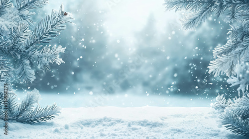 Winter-Themed Season Background. Snowy And Cold Background. With Christmas Trees. Background for Festive Season, Christmas, Winter Season. Snowy Mountain Forest Background