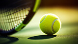 Gros plan, zoom sur une balle et une raquette de tennis, sur un court. Tennisman, match, compétition, sport. Pour conception et création graphique.