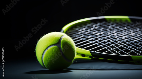 Gros plan, zoom sur une balle et une raquette de tennis, sur un court. Tennisman, match, compétition, sport. Pour conception et création graphique. photo