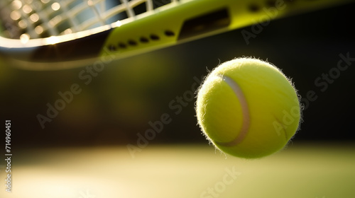 Gros plan, zoom sur une balle et une raquette de tennis, sur un court. Tennisman, match, compétition, sport. Pour conception et création graphique.
