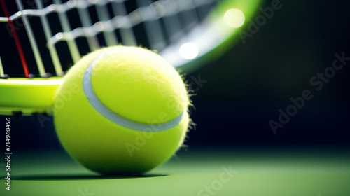 Gros plan, zoom sur une balle et une raquette de tennis, sur un court. Tennisman, match, compétition, sport. Pour conception et création graphique. © FlyStun