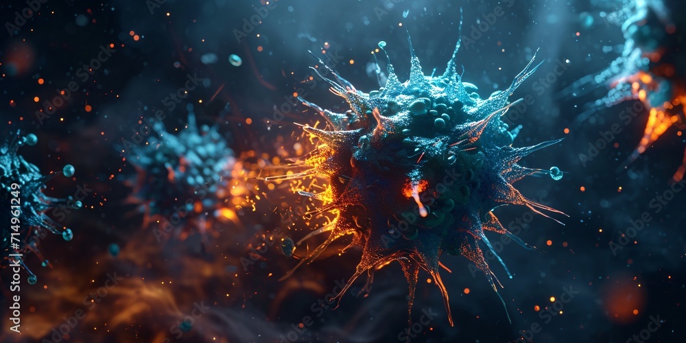 A blue and orange virus cell with a red flame inside Generative AI - obrazy, fototapety, plakaty 