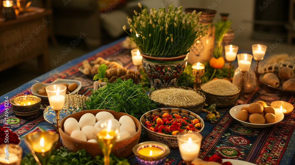 A traditional Haft-Seen table adorned with symbolic items such as sprouted wheat, painted eggs, and goldfish, bathed in soft candlelight. The arrangement symbolizes the arrival of