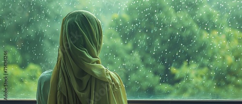 A woman wearing a green hooded garment, looking out a window at the rain. Generative AI photo