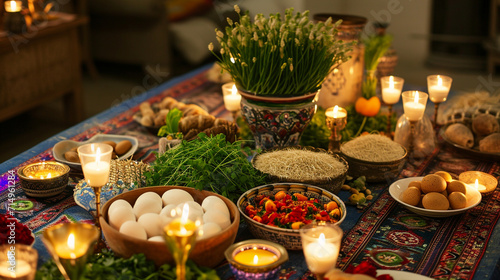 A traditional Haft-Seen table adorned with symbolic items such as sprouted wheat, painted eggs, and goldfish, bathed in soft candlelight. The arrangement symbolizes the arrival of