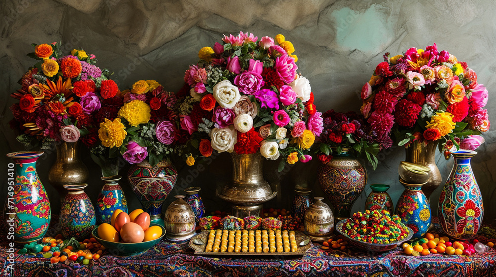 An ornate Nowruz display featuring intricately painted eggs, vibrant flowers, and traditional sweets arranged in an artful composition. The rich symbolism and attention to detail m An ornate Nowruz display featuring intricately painted eggs, vibrant flowers, and traditional sweets arranged in an artful composition. The rich symbolism and attention to detail m