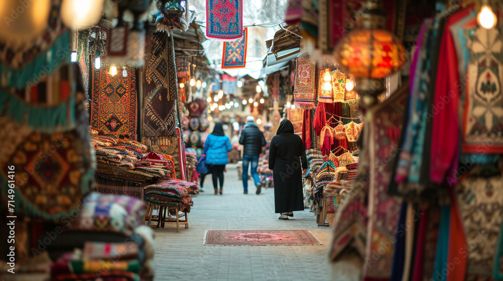 In a bustling bazaar, vendors showcase an array of Nowruz decorations, including colorful textiles, traditional crafts, and ornate items. The vibrant marketplace captures the essen In a bustling bazaar, vendors showcase an array of Nowruz decorations, including colorful textiles, traditional crafts, and ornate items. The vibrant marketplace captures the essen
