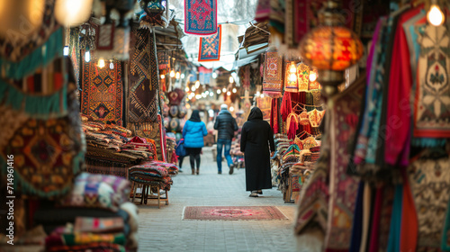 In a bustling bazaar, vendors showcase an array of Nowruz decorations, including colorful textiles, traditional crafts, and ornate items. The vibrant marketplace captures the essen © Kateryna Arkhypova