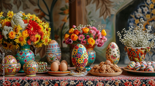 An ornate Nowruz display featuring intricately painted eggs, vibrant flowers, and traditional sweets arranged in an artful composition. The rich symbolism and attention to detail m