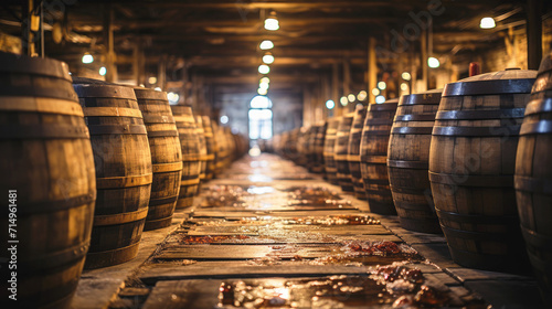 Whiskey, scotch, wine barrels in the aging room. Winery, storage cellar. © Katerina Bond