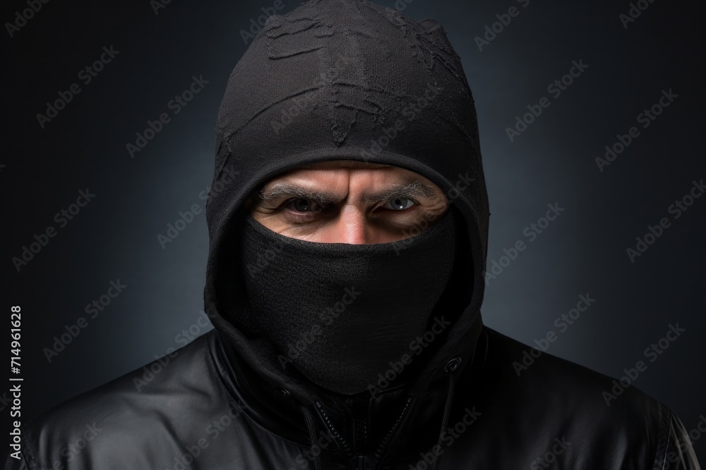 a serious mature man in a black balaclava. the villain, the robber, the thief, covered his face with a mask with an eye slit. portrait close-up, dark background. a serious mature man in a black balaclava. the villain, the robber, the thief, covered his face with a mask with an eye slit. portrait close-up, dark background.