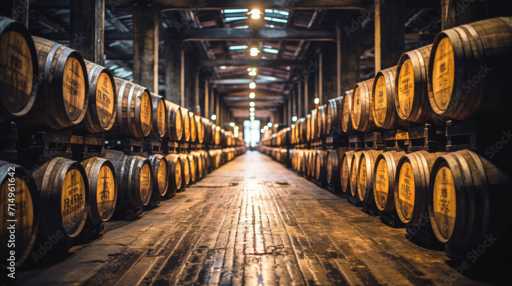 Whiskey, scotch, wine barrels in the aging room. Winery, storage cellar.